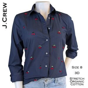 J Crew Womens Button Down Shirt 8 Slim Navy Red 3D Cherry Pom Pom Embroidery